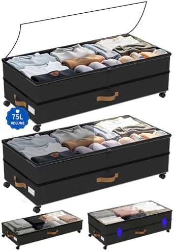 Under Bed Storage with Wheels 2-Pack, 75L XXL Under the Bed Storage Containers Large, 12" Tall Adjustable Storage for Underbed with Lids, Rolling for Clothes, Shoes, Blankets (Black) by Unknown
