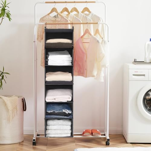 MAX Houser 6 Tier Hanging Closet Organizer with 2 Sturdy Hooks, Grey | foldable lightweight fabric closet storage, space-saving design for Bedroom, Closet Hanging Shelf for Storage - Image 6