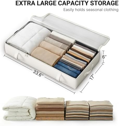 2-Pack Under Bed Storage Containers, 6 Inches Tall Clothes Storage, Beige | High Side Collapsible Underbed Organizer Bin with Sturdy Sidewalls/Bottom, Cotton Linen Bins, For Seasonal Clothes & Bedding - Image 3