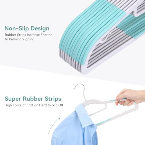 Tonswachic Pack of 50 Coat Hangers, Space-Saving Plastic Clothes Hangers, Non-Slip, 0.2 Inches Slim, 360° Swivel Silver Hook for Shirts, Pants, Suit & Wet/Dry Garments, Blue and White - Image 3