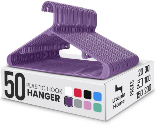 Utopia Home Plastic Hangers 50 Pack – Built-in Strap Hooks Purple | Space saving | Durable & strong | Closet organizer | Clothes hangers | Ideal for shirts, pants, skirts & coats by UTOPIAHOME