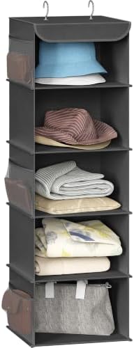 Simple Houseware 5 Shelf Hanging Closet Organizer, Dark Gray | 360° Rotating Dual Hooks, Top Support Metal Frame, 6 Side Mesh Pockets by SimpleHouseware