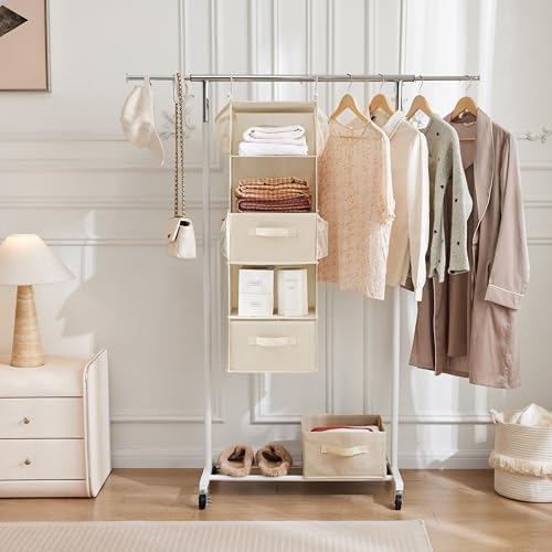 MAX Houser 5 Tier Shelf Hanging Closet Organizer, Cloth Hanging Shelf with 2 Sturdy Hooks for Storage, Foldable (Beige-D2) | Foldable Fabric Hanging Shelves for Closet, Cloth Hanging Shelves with 2 sturdy hanging hooks, Small Space Saver - Image 5