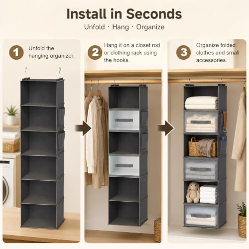 6-Shelf Hanging Closet Organizer with 3 Drawers & Side Pockets, Gray | Non-woven fabric, tool-free setup, ideal for bedrooms/dorms/RVs, 3 foldable transparent drawers for easy access - Image 4