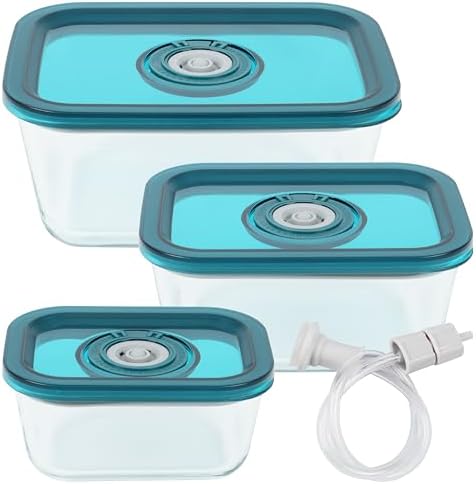 Avid Armor BPA-Free Borosilicate Glass Vacuum Containers, Set of 3 (12.5 oz, 23.7 oz, 38.9 oz) – Green SAN Lid with Date Coding, Works with Most Vacuum Sealers for Dry Goods & Marinating Includes Hose by AvidArmor
