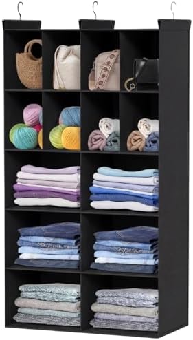 5 Tier Hanging Closet Organizer, 14 Compartments Dual Row Storage, Black | Closet Organizers and Storage with Large & Small Pockets, 3 Sturdy Hooks Support Heavy Loads, Ideal for Dorm, Garment Rack by Ofiray-home