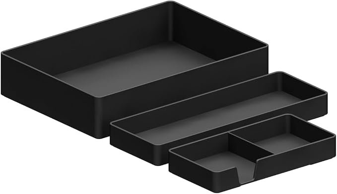 Amazon Basics Rectangular Plastic Desk Organizer Bundle, 3 Pieces with Half Accessory Tray, Small, Black - Image 3