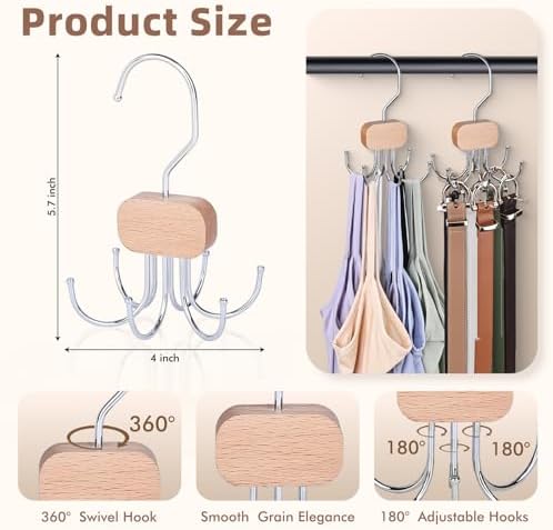 3 Pack Tank Top Hangers, Premium Bra Hanger for Closet Organizer | 2026 Upgraded Design, 360° Rotating & Foldable, Space Saving Wooden Hanger for Tank Tops, Bras, Belts and More (Natural) - Image 3