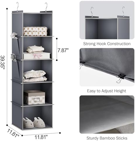 YOUDENOVA Hanging Closet Organizer and Storage for Clothes, 5-Shelf, Grey | Locker/RV/Camper Organizer, 2 Side Pockets, Hanging Shelves for Small Closet, Dorm Room Essentials for Guys, Non-woven Fabric - Image 3