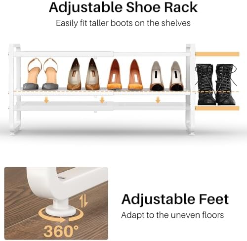 Expandable Metal Shoe Rack for Closet, Entryway & Garage, 2-Tier, White | Adjustable Height for Boots, Stackable Design, Dense Mesh Shelves for Heels, Fits Small Spaces, Apartments and Rentals - Image 7