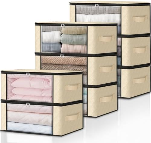 HomeHacks 8-Pack Clothes Organizer Storage Bags, 35L Storage Bins, Beige | Foldable Storage Box Container with Zippers, Clear Window, Reinforced Handles for Closet, Dorm, Pillows, Bedding, Sweater by HomeHacks
