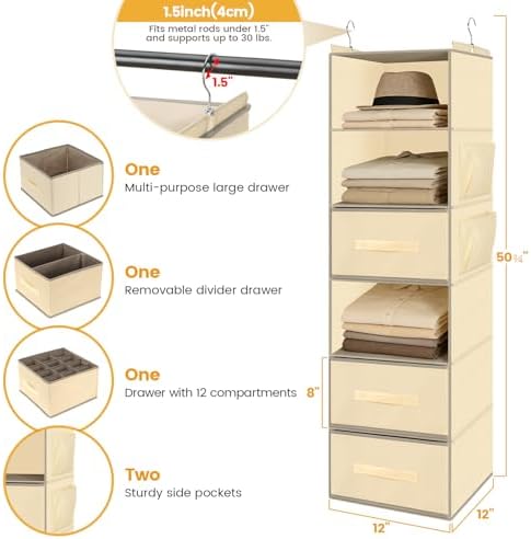 Hanging Closet Organizer 6-Shelf with 3 Drawers & Side Pockets, Closet Organizers and Storage for Dorm, Nursery & Wardrobe Organization, Hanging Shelf Clothes Organizer for Sweaters, Shoes, Beige - Image 2