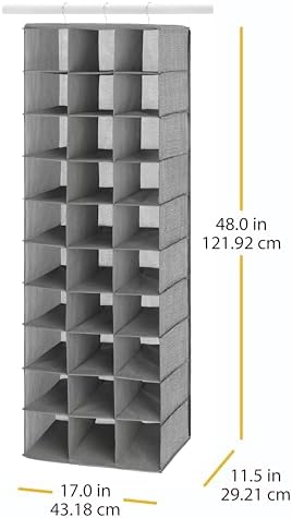 Whitmor 30 Sections Hanging Clothes Closet Shoe Organizer, Space Saving Breathable Fabric Shoe Storage for Bedroom, Laundry, Dorm, Crosshatch Gray - Image 4