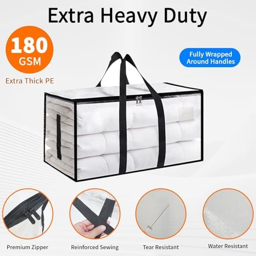 6 Pack-Extra Large Heavy Duty Moving Bags - Waterproof Storage Totes with Handles & Zippers, Foldable for College Dorm, Storage (Clear) - Image 6