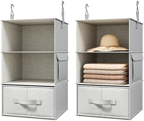 2 Pack 3-Shelf Hanging Closet Organizer with 2 Drawers, Silver Gray | Two Hanging Organizers with Fabric Drawers, Space-Saving Closet Storage for Clothes, Baby Items, Nursery and Dorm Rooms by Vailando