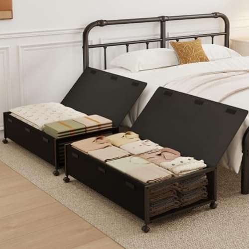 Fokyfok 2Pack Under Bed Storage Containers, 10 inch Height,31 inch Long | Under Bed Shoe Storage,Underbed Storage with Wheels,Large Rolling under bed Clothes Storage Drawers,Lid,Dorm Tall,Black by Fokyfok