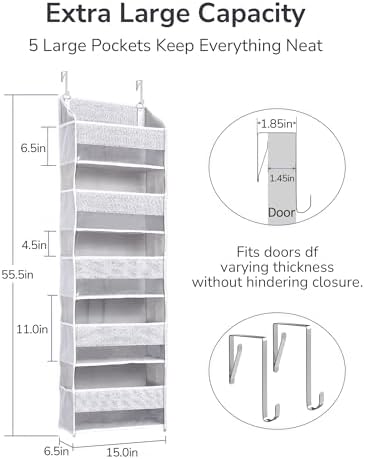 ULG 1 Pack Over Door Organizer with 5 Large Pockets 10 Mesh Side Pockets, Upgraded Linen Texture Over The Door Storage, 44 lbs Weight Capacity Hanging Storage Organizer, Light Gray - Image 2