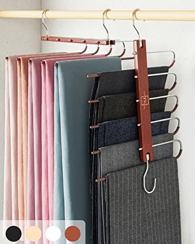 MORALVE Pants Hangers Space Saving - 4 Pack European Beechwood Scarf and Jean Hangers - Closet Organizer and Space Saver Pant Rack, Leggings Hanger, and Scarf Holder with 360° Swivel Hook by MORALVE