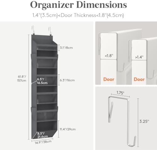 Lifewit 1 Pack Over the Door Organizer, 6 Section Clear Window Hanging Storage with 4 Side Pockets, Sturdy Anti Tilt 40 lbs Load Behind Door for Closet, Bedroom, Bathroom, Nursery, Dorm, Dark Gray - Image 2