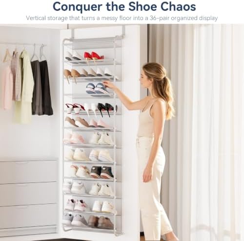 Whitmor 36 Pair Over the Door Shoe Rack,12 Tier Hanging Shoe Organizer with Metal Frame & Mesh Shelves, Heavy Duty Shoe Storage Holder for Door, No Drill Installation, 74" H x 21.7" W x 7.5" D, Grey - Image 3