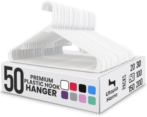Utopia Home Plastic Hangers 50 Pack – Built-in Strap Hooks White | Space saving | Durable & strong | Closet organizer | Clothes hangers | Ideal for shirts, pants, skirts & coats by UTOPIAHOME