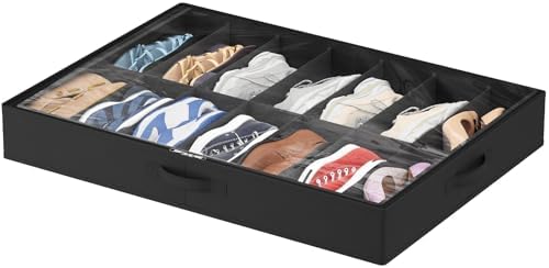 Lifewit Under Bed Shoe Storage Organizer 1 Pack(14 Shoes Cells), 4.3 Inches Profile Fabric Shoes Container Box with Clear Cover, Foldable Storage Bag with 2 Handles, Fits 7 to 14 Pairs by Lifewit