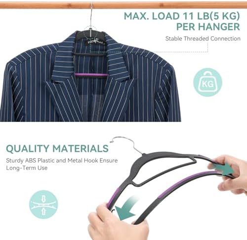Tonswachic Pack of 30 Coat Hangers, Space-Saving Plastic Clothes Hangers, Non-Slip, 0.2 Inches Slim, 360° Swivel Silver Hook for Shirts, Pants, Suit & Wet/Dry Garments, Purple and Black - Image 4