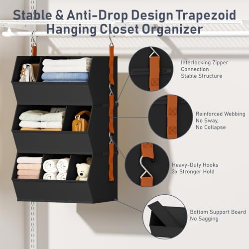 DIMJ Hanging Closet Organizer Extra Large, Clothes Hanging Shelves for Closet with Divider, Collapsible Closet Storage System, Fabric Storage Bins for Home, Black, 15.75 × 12.20 × 9.44, 3 Pack - Image 4