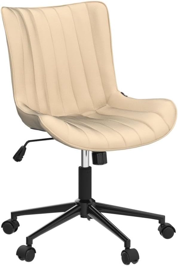 YOUNIKE Office Desk Chair with Wheels Armless Vanity Chair Modern Beige | Faux Leather Upholstered with Rocking Back, Swivel Height Adjustable Small Cute Computer Rolling Task Chair Ergonomic 300lb - Image 4
