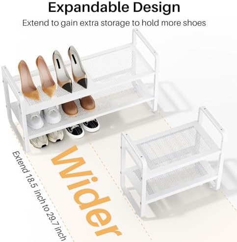 Expandable Metal Shoe Rack for Closet, Entryway & Garage, 2-Tier, White | Adjustable Height for Boots, Stackable Design, Dense Mesh Shelves for Heels, Fits Small Spaces, Apartments and Rentals - Image 4