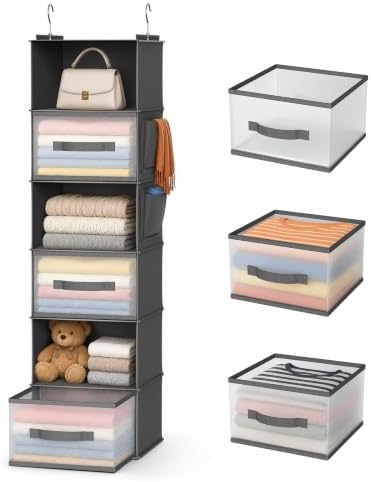 6-Shelf Hanging Closet Organizer with 3 Drawers & Side Pockets, Gray | Non-woven fabric, tool-free setup, ideal for bedrooms/dorms/RVs, 3 foldable transparent drawers for easy access by BIEBOS