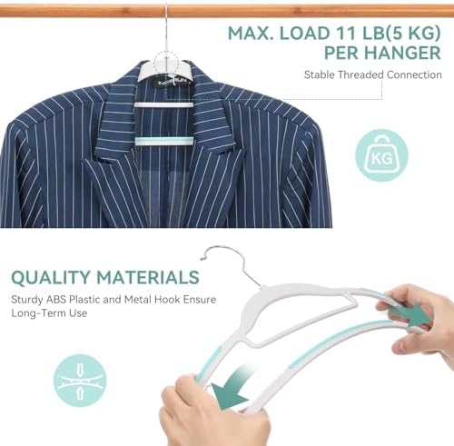Tonswachic Pack of 30 Coat Hangers, Space-Saving Plastic Clothes Hangers, Non-Slip, 0.2 Inches Slim, 360° Swivel Silver Hook for Shirts, Pants, Suit & Wet/Dry Garments, Blue and White - Image 5