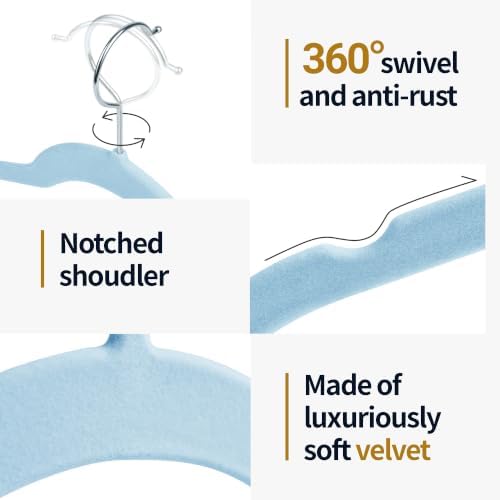 Sishynio Velvet Hangers 50 Pack, Non-Slip Slim Felt Clothes Hangers Blue | Space-Saving Closet Organization; Flocked Surface; 360° Swivel Hooks; For Shirts, Coats, Dresses, Blouses - Image 2