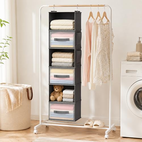6-Shelf Hanging Closet Organizer with 3 Drawers & Side Pockets, Gray | Non-woven fabric, tool-free setup, ideal for bedrooms/dorms/RVs, 3 foldable transparent drawers for easy access - Image 2