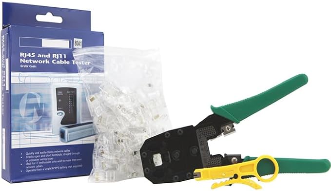 Cable Tester + Crimp Crimper + 100 Rj45 Cat5 Cat5e Connector Plug Network Tool Kit (Crimper + Tester + Connector) by Techno Earth