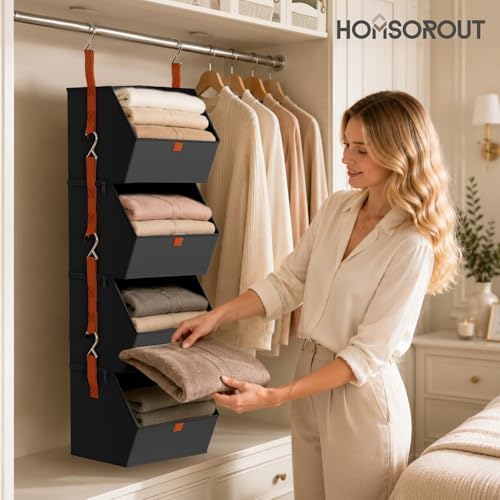 Homsorout Hanging Closet Organizer 4 Tier - Clothes Hanging Shelves, Space-Saving Closet System, Fabric Storage Bins Bedroom Organization, Collapsible Baskets for Home, Dorm, Rv, Black, 8 Pack - Image 4
