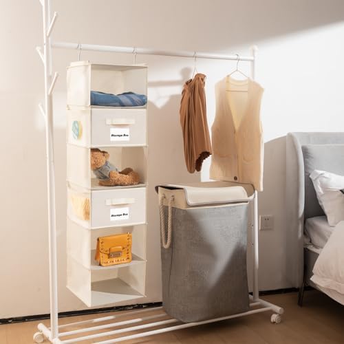BrilliantJo 2 Pack 6 Shelves Hanging Closet Organizer with 2 Drawer, Hanging Storage with 4 Side Pockets for Clothes Shoes, 43.5"x12"x12"(Beige) - Image 2