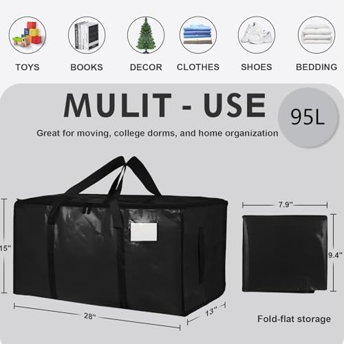 4 Pack-Extra Large Heavy Duty Moving Bags - Waterproof Storage Totes with Handles & Zippers, Foldable for College Dorm, Storage (Black) - Image 2