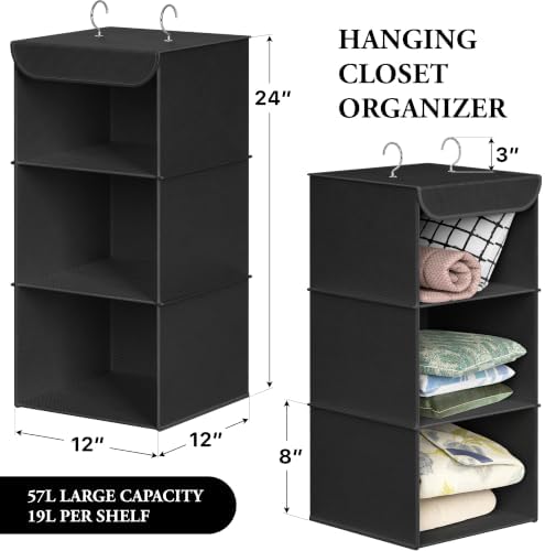 Simple Houseware 3 Shelf Hanging Closet Organizer, Black | 360° Rotating Dual Hooks, Top Support Metal Frame - Image 2