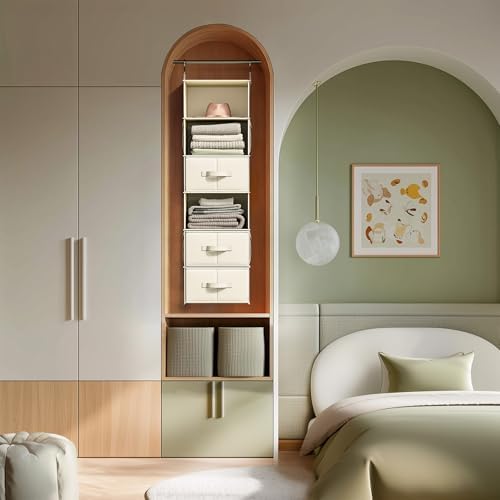Vailando 6-Shelf Hanging Closet Organizer with 3 Fabric Drawers, Beige | Removable Fabric Drawers, Side Pockets, Reinforced Structure, Space-Saving Storage for Clothes, Nursery and Dorm Rooms - Image 2