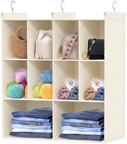 3 Tier Hanging Closet Organizer, 10 Compartments Dual Row Storage, Beige | Closet Organizers and Storage with Large & Small Pockets, 3 Sturdy Hooks Support Heavy Loads, for Dorm, RV, Garment Rack by Ofiray-home