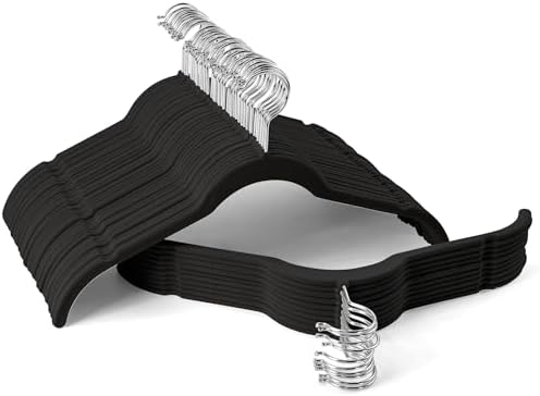 Sishynio Velvet Hangers 50 Pack, Non-Slip Slim Felt Clothes Hangers Black | Space-Saving Closet Organization; Flocked Surface; 360° Swivel Hooks; For Shirts, Coats, Dresses, Blouses by Sishynio