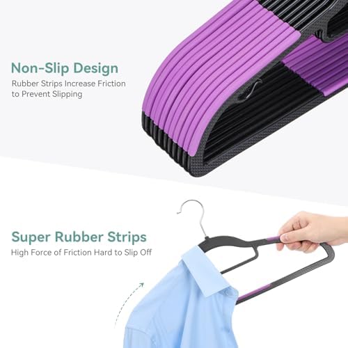 Tonswachic Pack of 30 Coat Hangers, Space-Saving Plastic Clothes Hangers, Non-Slip, 0.2 Inches Slim, 360° Swivel Silver Hook for Shirts, Pants, Suit & Wet/Dry Garments, Purple and Black - Image 3