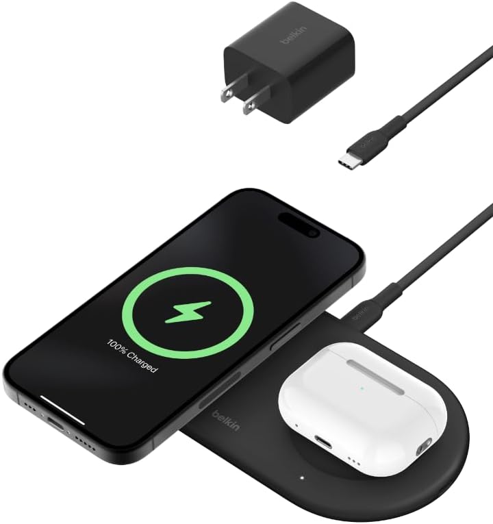 Belkin Qi2 15W 2 in 1 Wireless Charging Pad with USB-C Port | MagSafe compatible, iPhone 16/15 Series, Samsung Galaxy S25 Series, AirPods, extra USB-C port, Magnetic by Unknown