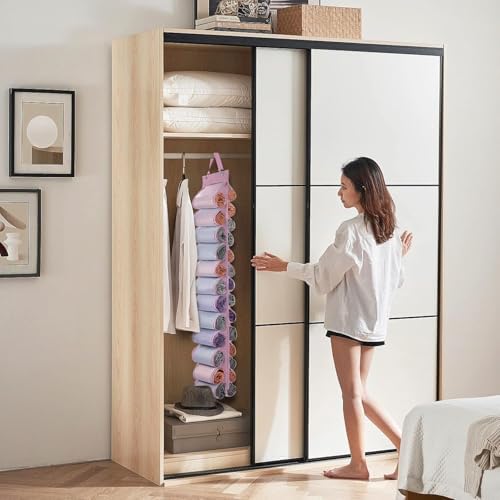 DHSFKBE Legging Organizer Storage, 2PCS T Shirt Organizer, Foldable Hanging Closet Organizer Storage with 26 Roll Independent Compartments for Yoga Pants, Tank Top, Towel, Underwear (Pink) - Image 2