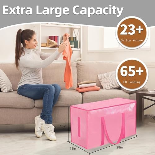 16 Pack-Extra Large Heavy Duty Moving Bags - Waterproof Storage Totes with Handles & Zippers, Foldable for College Dorm, Storage (Pink) - Image 3