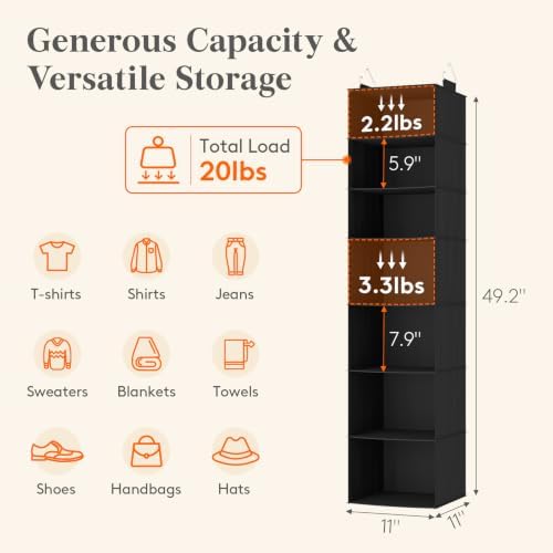Lifewit Hanging Closet Organizer and Storage for Clothes 7 Tier | Portable, Foldable, Fabric, Top of Shelves with 2 Sturdy Hooks, Clothing Organization for Wardrobe, Dorm, Bedroom, Black - Image 3