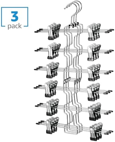 ZOBER 3-Pack 6-Tier Skirt Hangers with Clips, Clothes Hangers for Pants | Chrome metal, rubber-coated clips, swivel hooks, pants hangers with clips space saving for jeans and shorts, 18.25 x 11 in - Image 4