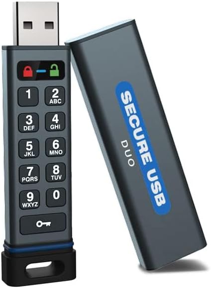 SecureData SecureUSB DUO 128GB Hardware Encrypted USB 3.0 Flash Drive FIPS 140-2 Level 3 Unlock via Keypad or phone app TAA Compliant, CJIS, HIPAA, CMMC, GDPR compliant, works with Mac and Win free AV by ClevX