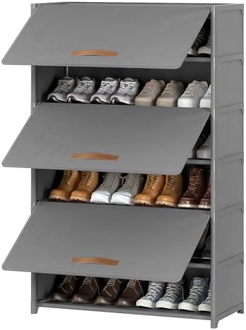 7 Tier Shoe Cabinet with Door, 28-Pair Storage, Grey | Tall Design Saves Floor Space, Door Blocks Dust & Pets, Holds Heels to Boots, Quick Assembly with Connectors by UNITSTAGE